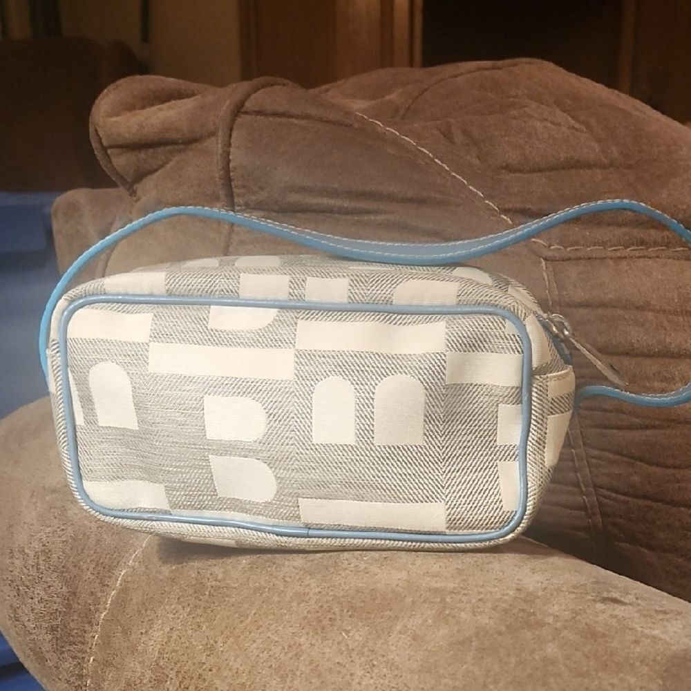Bally Canvas Gray and White Patterned Mini Tote Bag with Blue trim